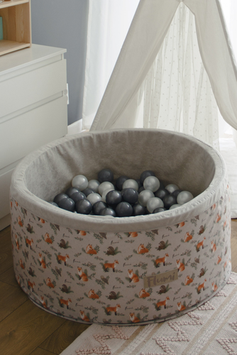  Personalisierte Bällebad Baby Bällepool Kinder 90x40cm mit 200 Bällebad Bälle Grau + Füchse